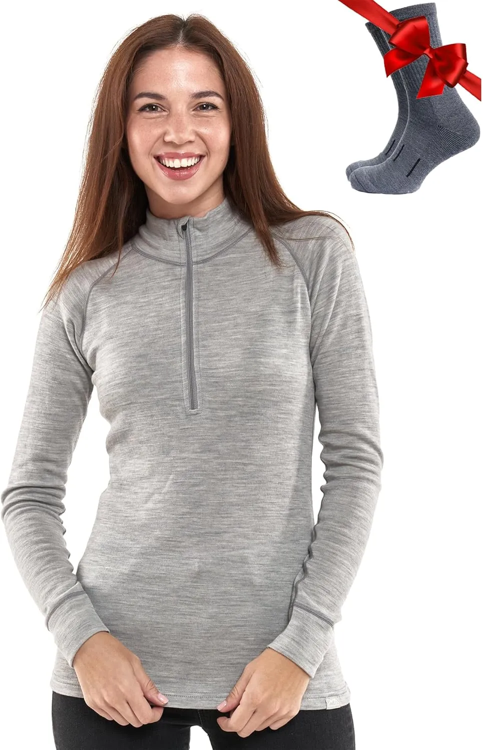 Merino Wool Base Layer Women - 100% Merino Half Zip Sweater Women Lite, Midweight, Heavyweight Thermal Shirts and Socks