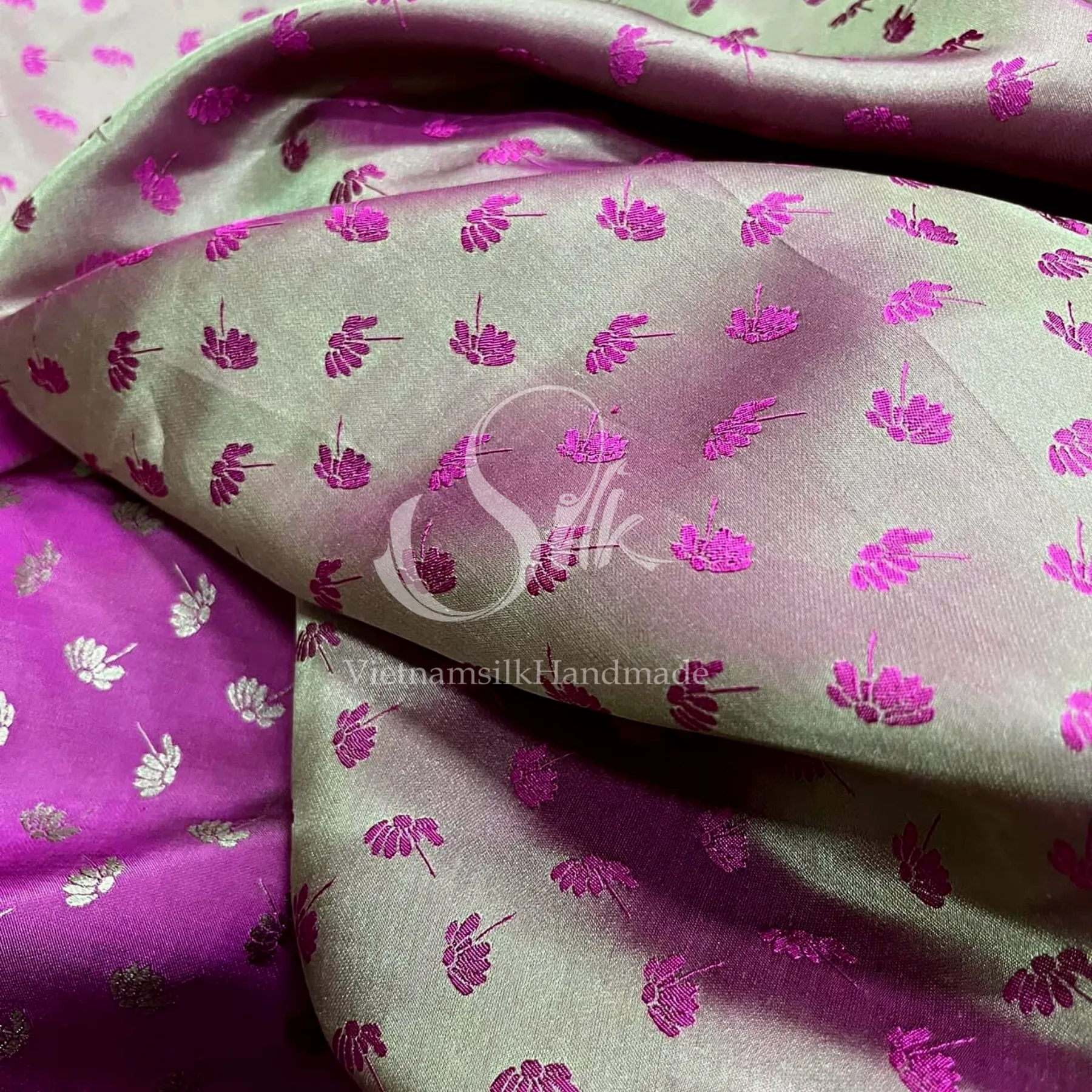 Mulberry Silk with Purple Dandelions -PURE MULBERRY SILK fabric by the yard -  Floral Silk -Luxury Silk - Natural silk - Handmade in VietNam