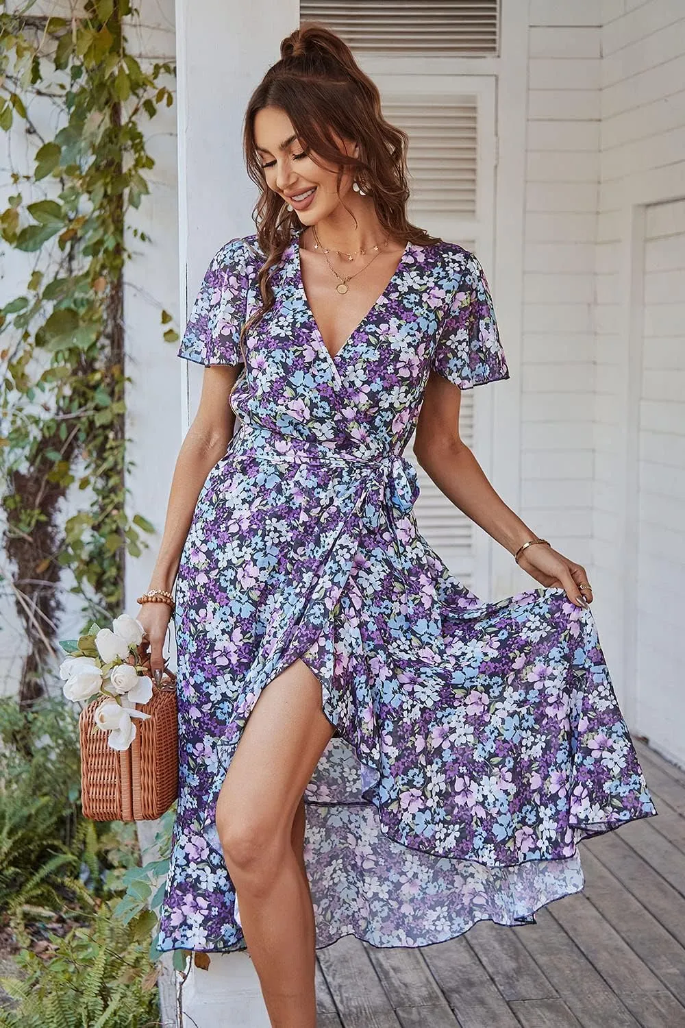 PRETTYGARDEN Women's Summer Floral Boho Maxi Dress Wrap Short Sleeve V Neck Ruffle A-Line Flowy Wedding Guest Long Dresses