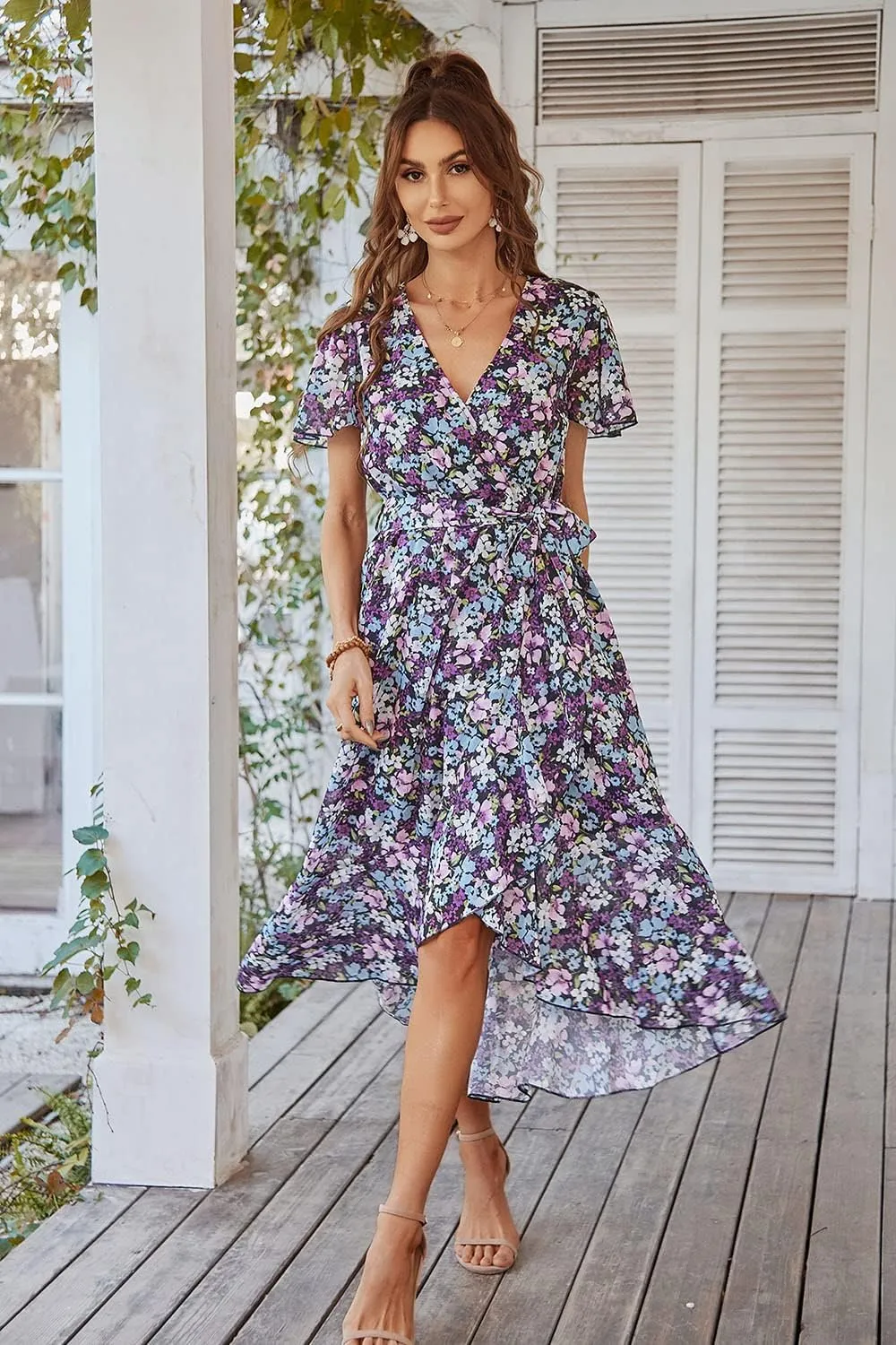 PRETTYGARDEN Women's Summer Floral Boho Maxi Dress Wrap Short Sleeve V Neck Ruffle A-Line Flowy Wedding Guest Long Dresses