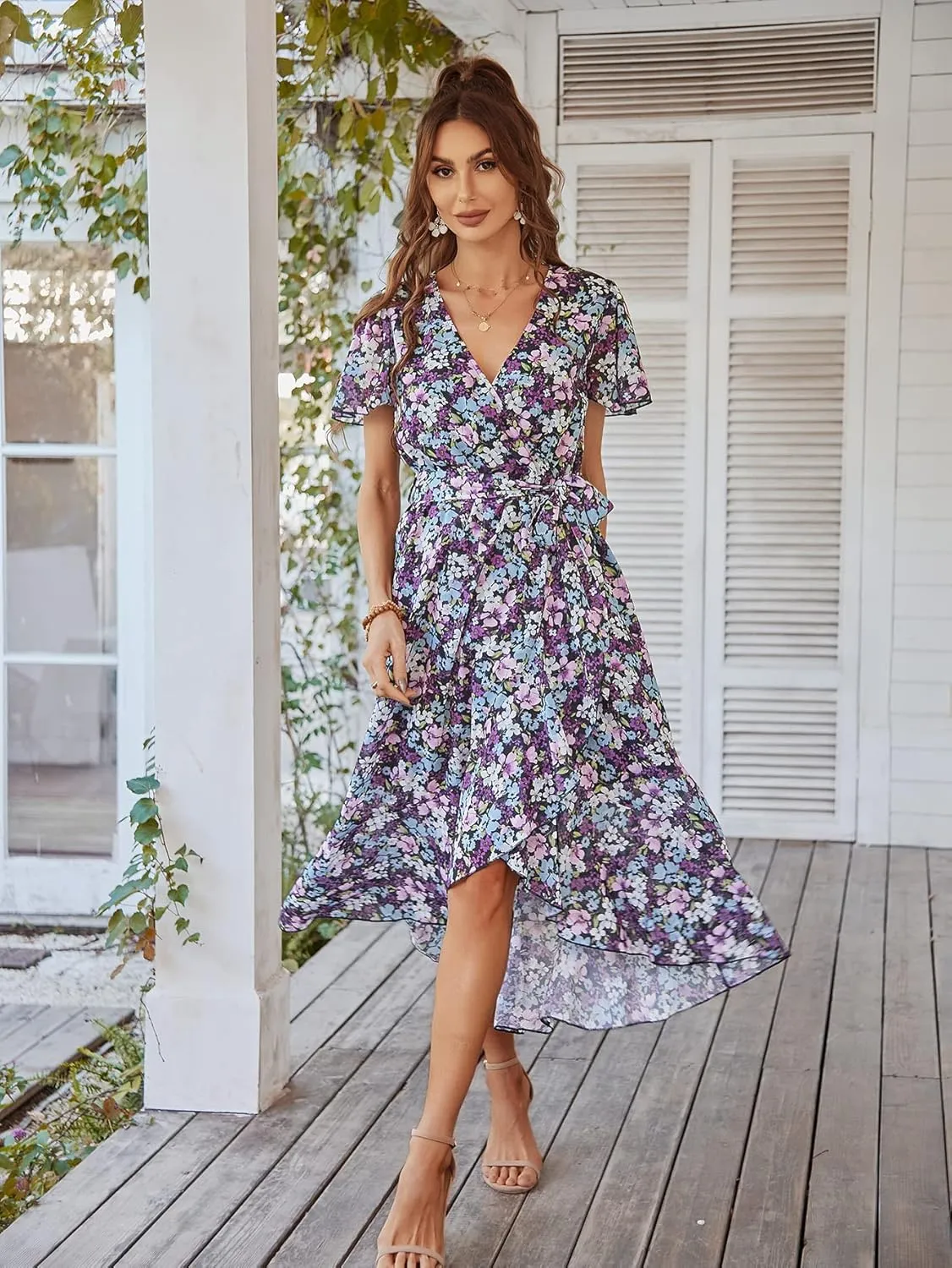 PRETTYGARDEN Women's Summer Floral Boho Maxi Dress Wrap Short Sleeve V Neck Ruffle A-Line Flowy Wedding Guest Long Dresses