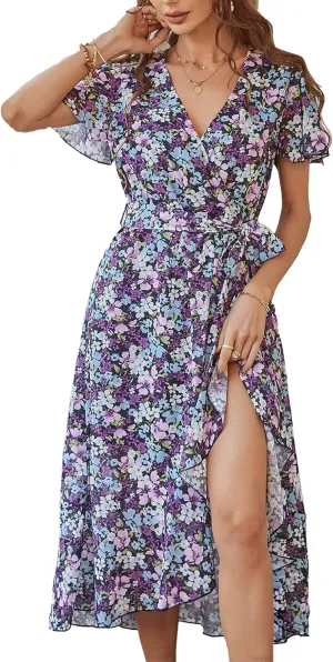 PRETTYGARDEN Women's Summer Floral Boho Maxi Dress Wrap Short Sleeve V Neck Ruffle A-Line Flowy Wedding Guest Long Dresses