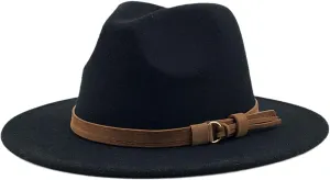 Pulcykp Women's Wool Fedora Hat With Leather Ribbon Winter Autumn Wide-Brimmed Jazz Hat Black 58-61CM