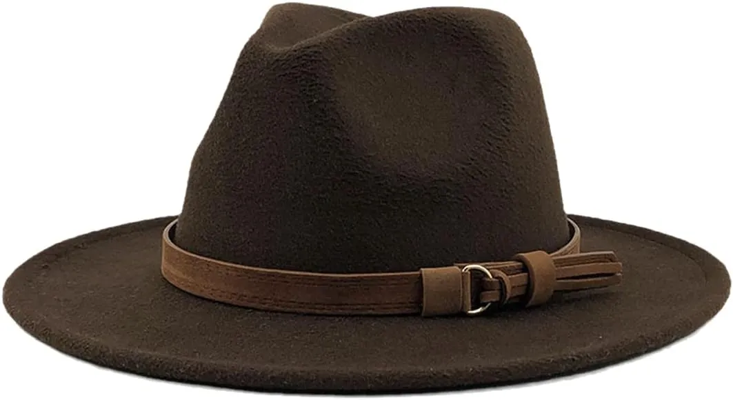 Pulcykp Women's Wool Fedora Hat With Leather Ribbon Winter Autumn Wide-Brimmed Jazz Hat Brown CHILD 52-54CM