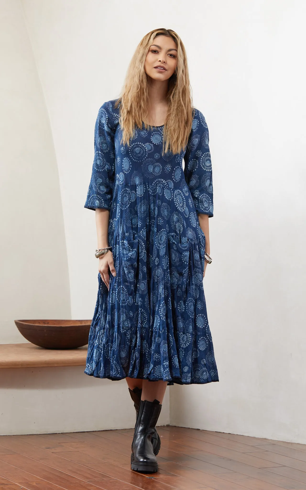 Santa Fe Dress, Long, 3/4 Sleeve, Eden Indigo