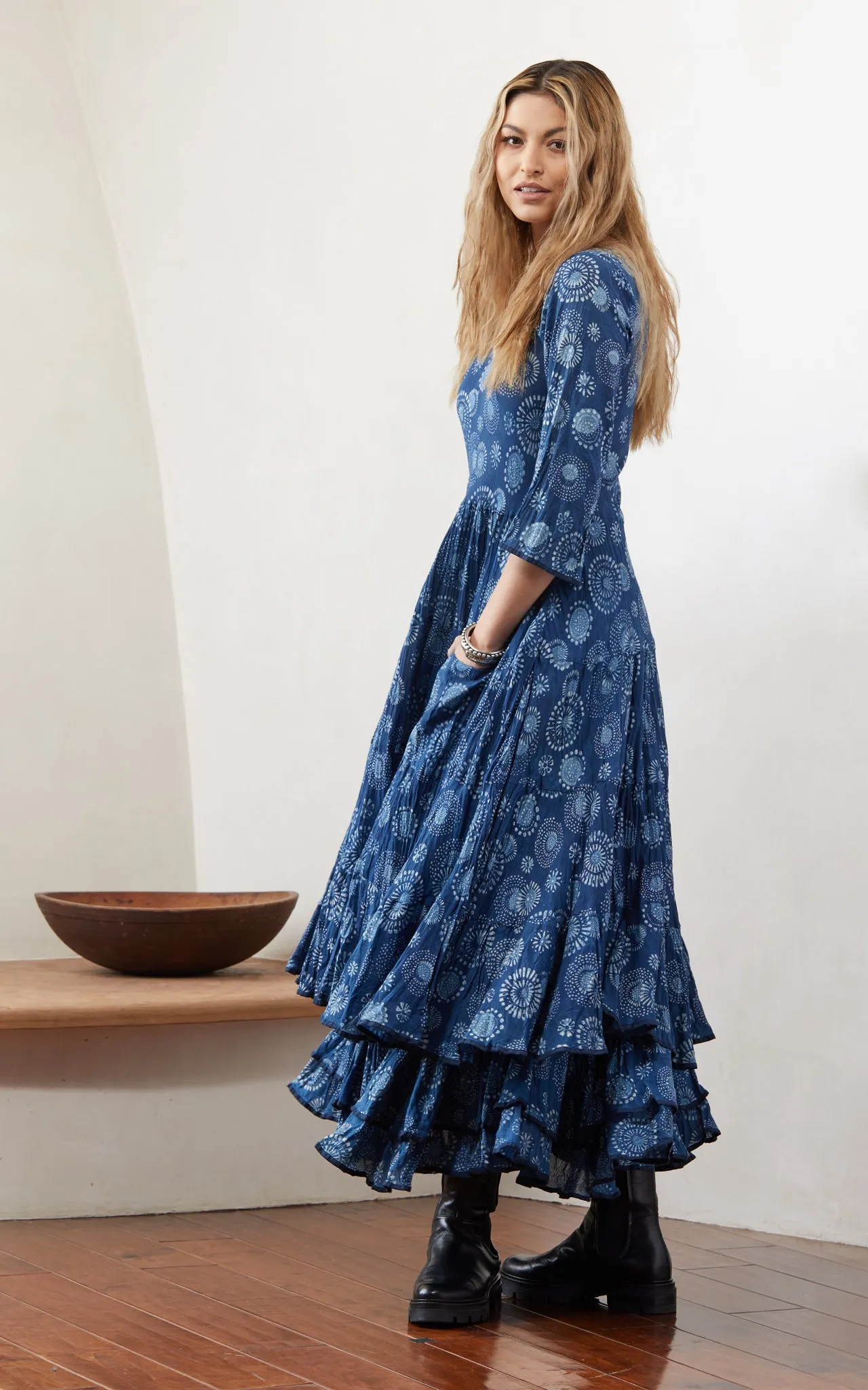 Santa Fe Dress, Long, 3/4 Sleeve, Eden Indigo