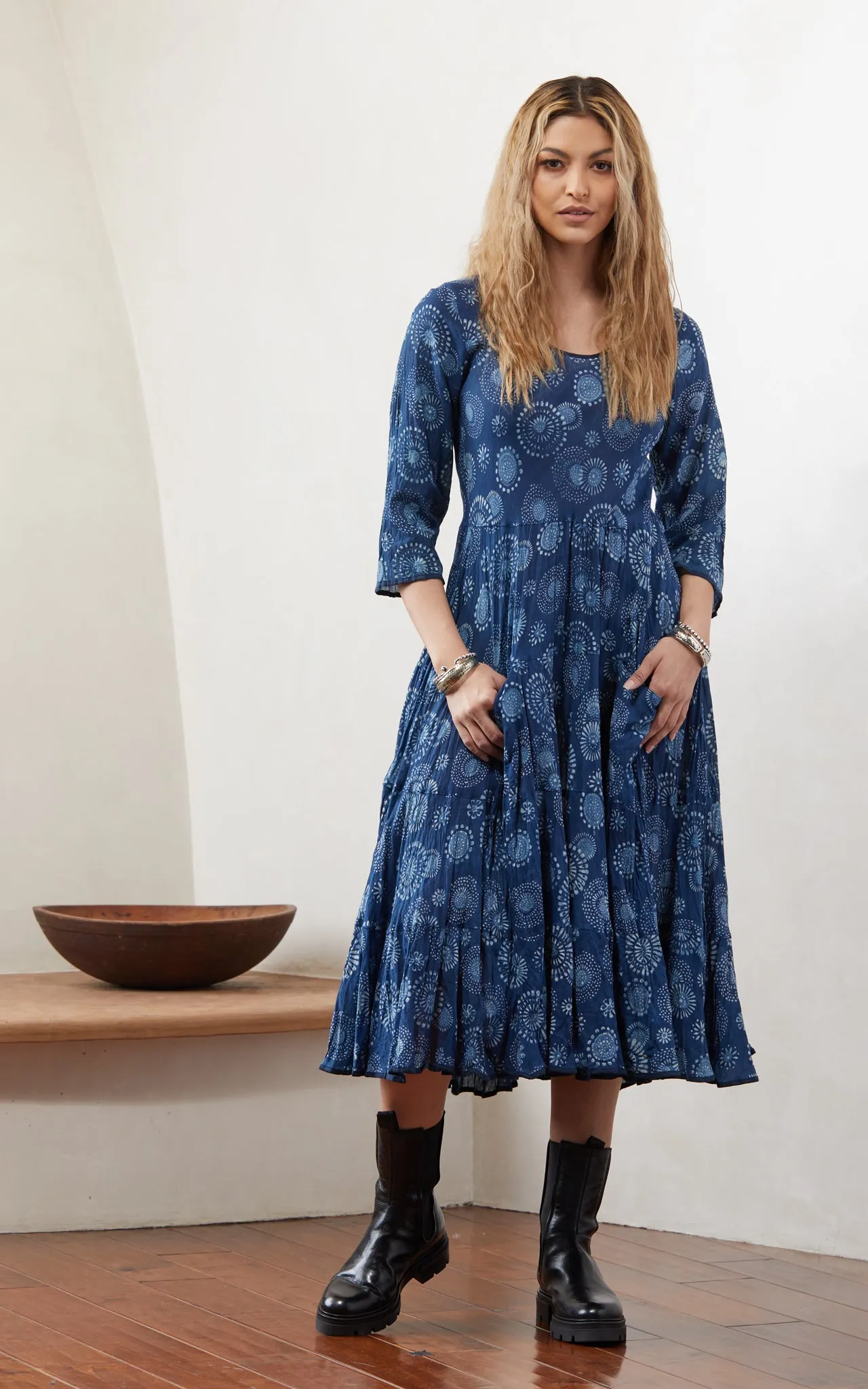 Santa Fe Dress, Long, 3/4 Sleeve, Eden Indigo
