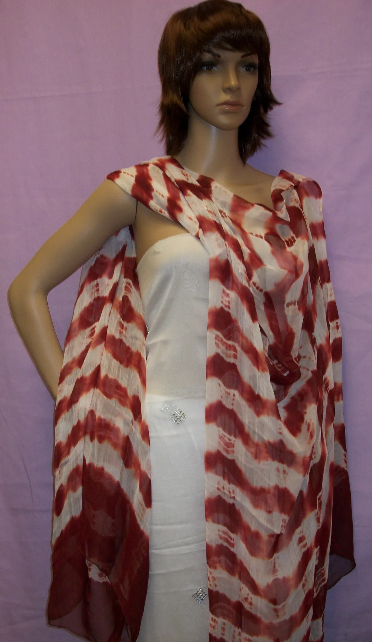 Scarf 430 Red White Georgette Tie Dye Chunni Dupatta Shieno Sarees