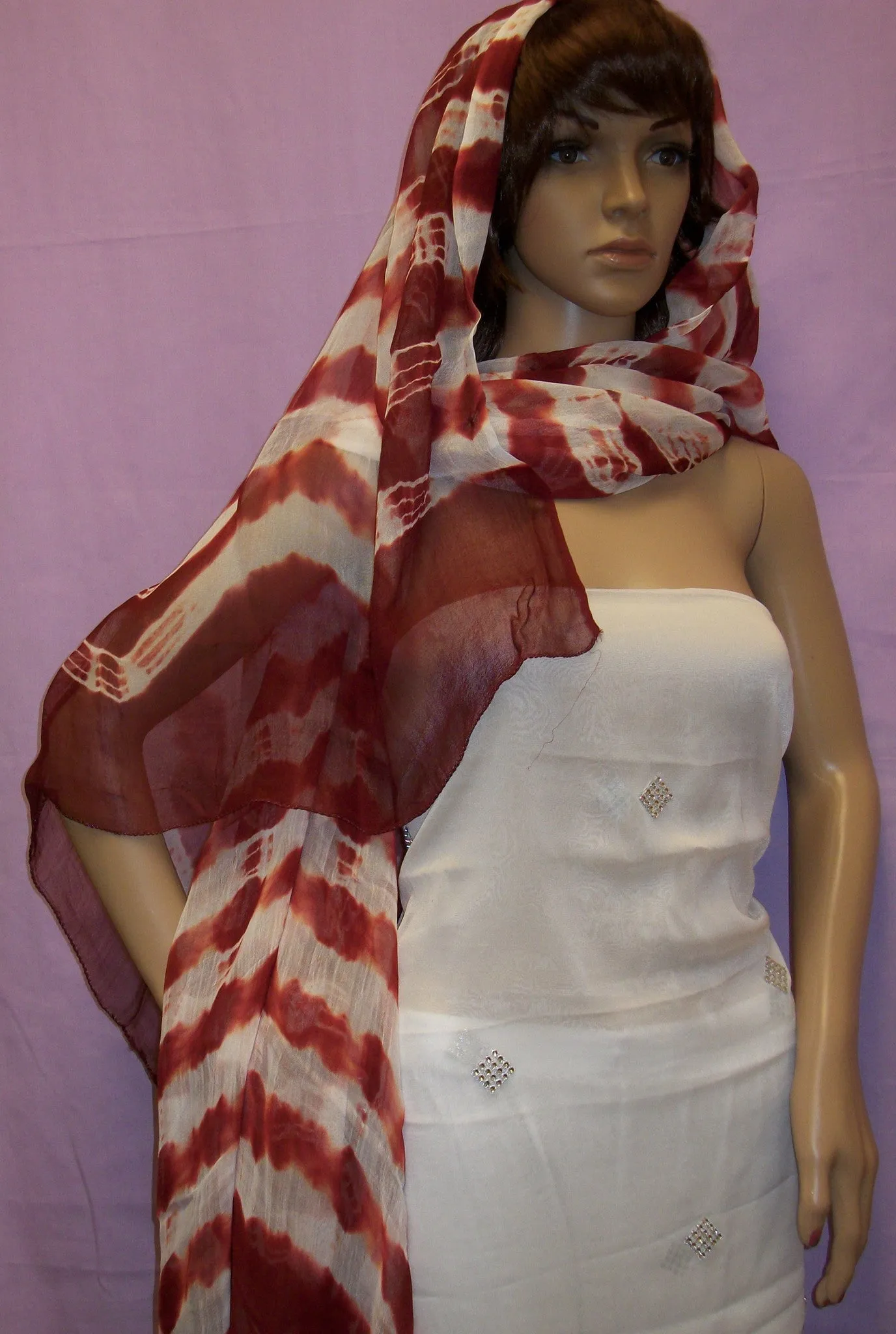 Scarf 430 Red White Georgette Tie Dye Chunni Dupatta Shieno Sarees