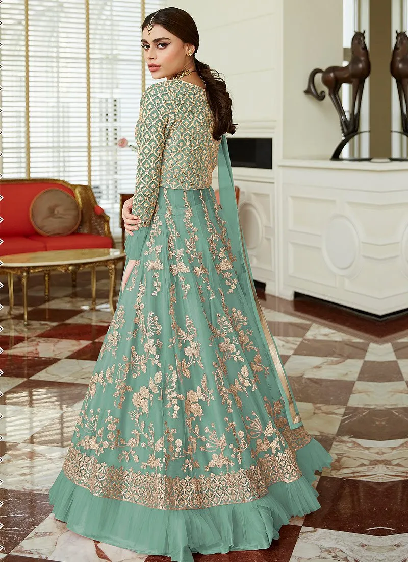 Sea Green Frilled Cuffs Net Lehenga Style Anarkali Suit
