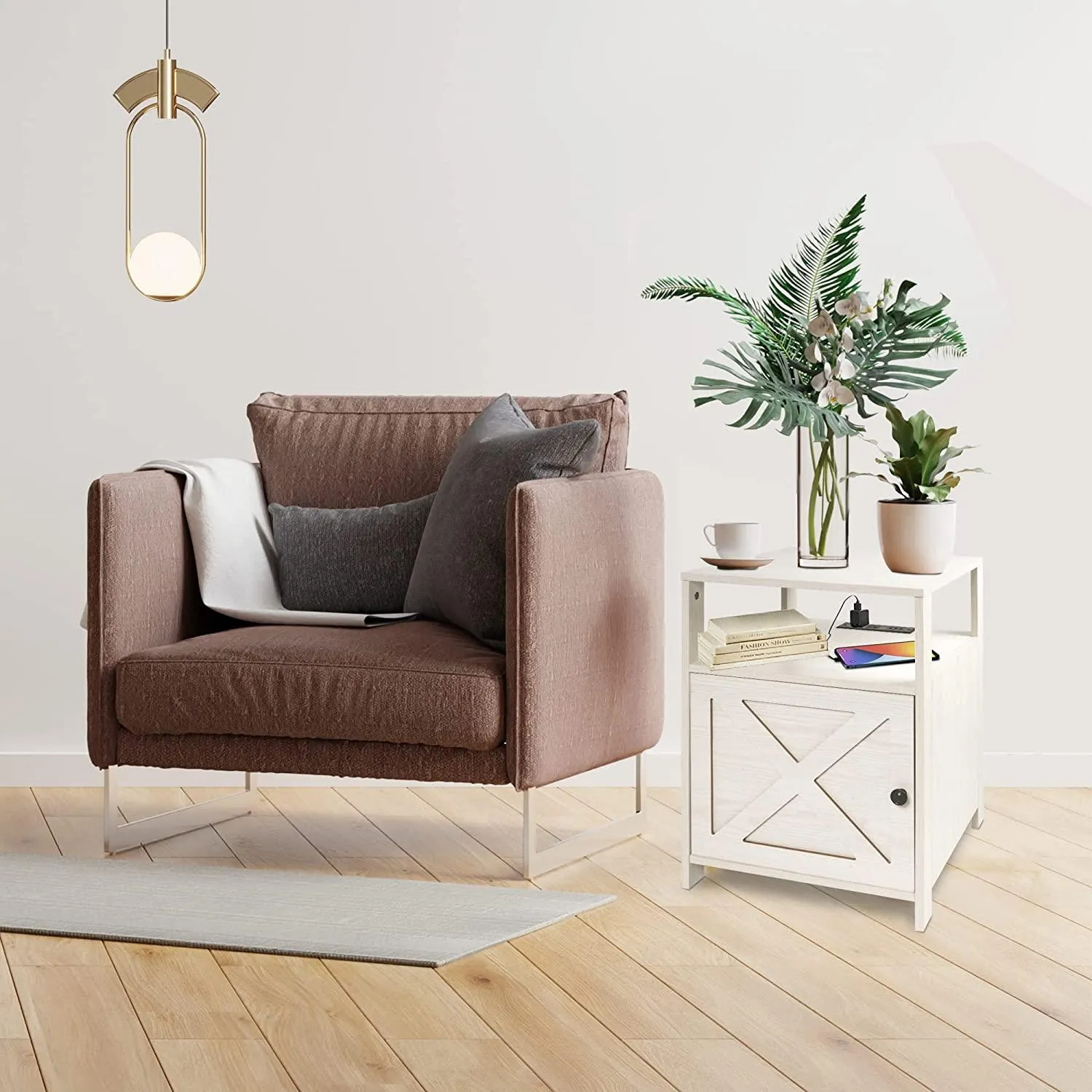 Set of 2 Modern Nightstands with Charging Station Wooden Sofa Side Storage Stand Cabinet Storage End Table with Open Shelf, Cream