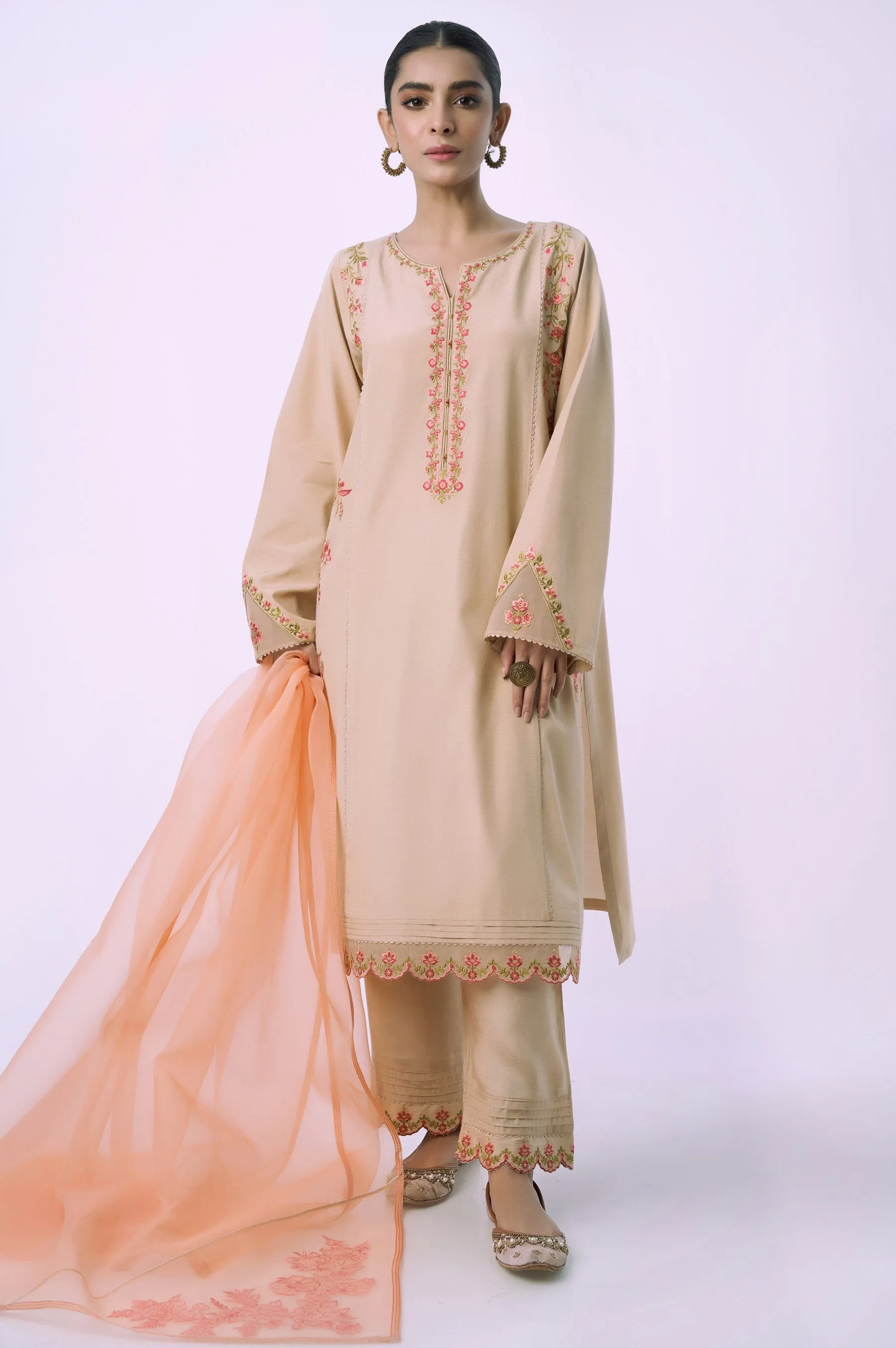 Stitched 3 Piece Embroidered Raw Silk Suit