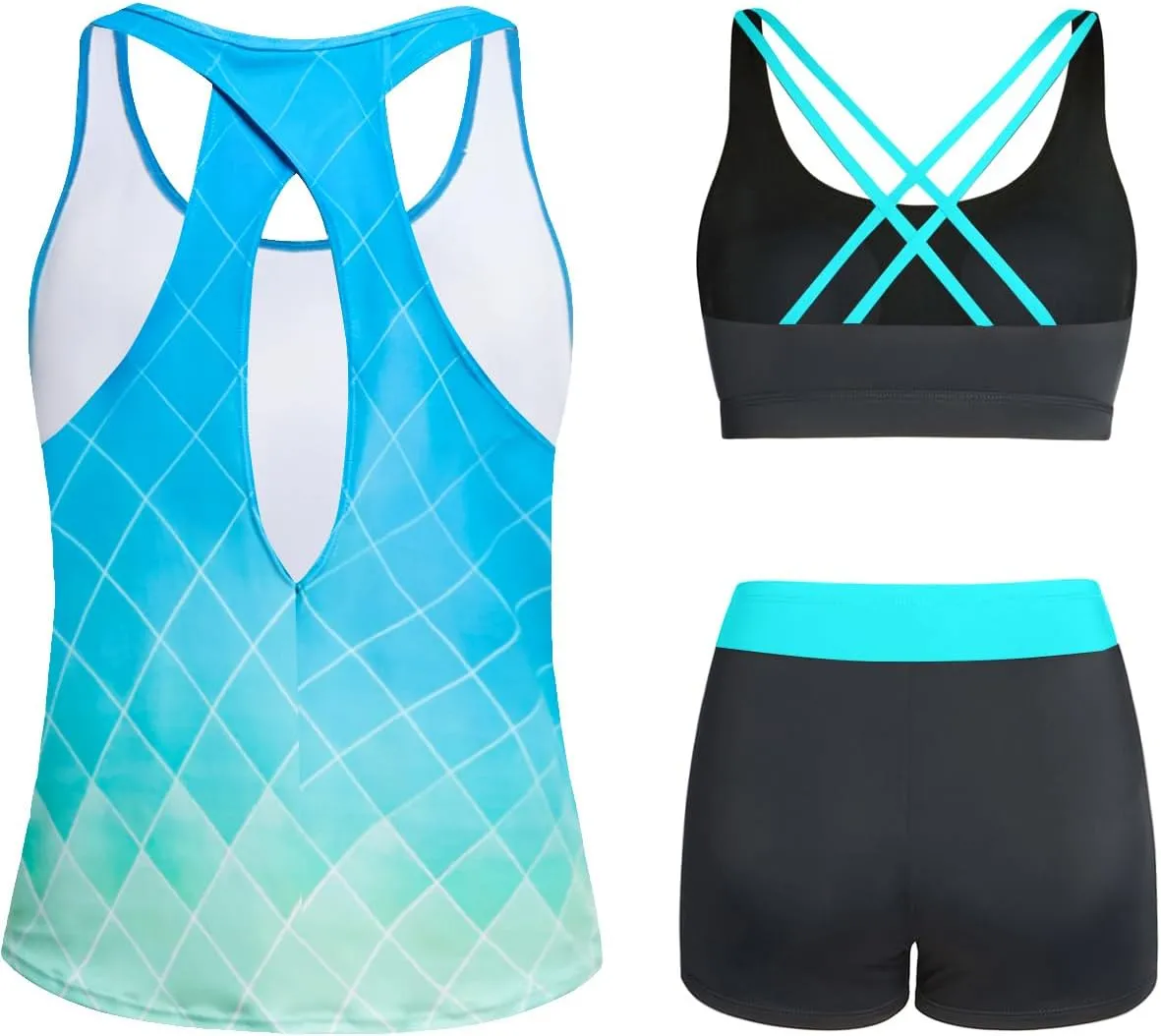 Tempt Me 3 Piece Tankini Swimsuits for Women Athletic Bathing Suits Swim Tank Top with Boy Shorts and Bra Modest Swimwear