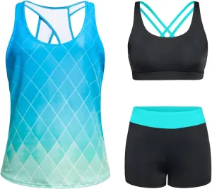Tempt Me 3 Piece Tankini Swimsuits for Women Athletic Bathing Suits Swim Tank Top with Boy Shorts and Bra Modest Swimwear