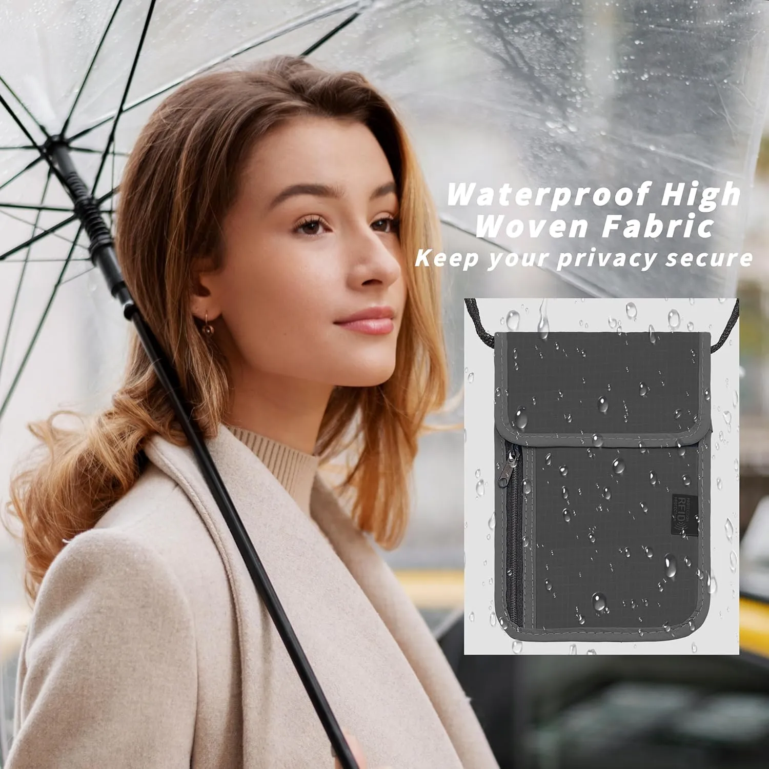 Travel Neck Wallet with RFID Blocking  Passport Holder Organizer Neck Pouch  Portable Easy to Conceal Travel Pouch (Gray)