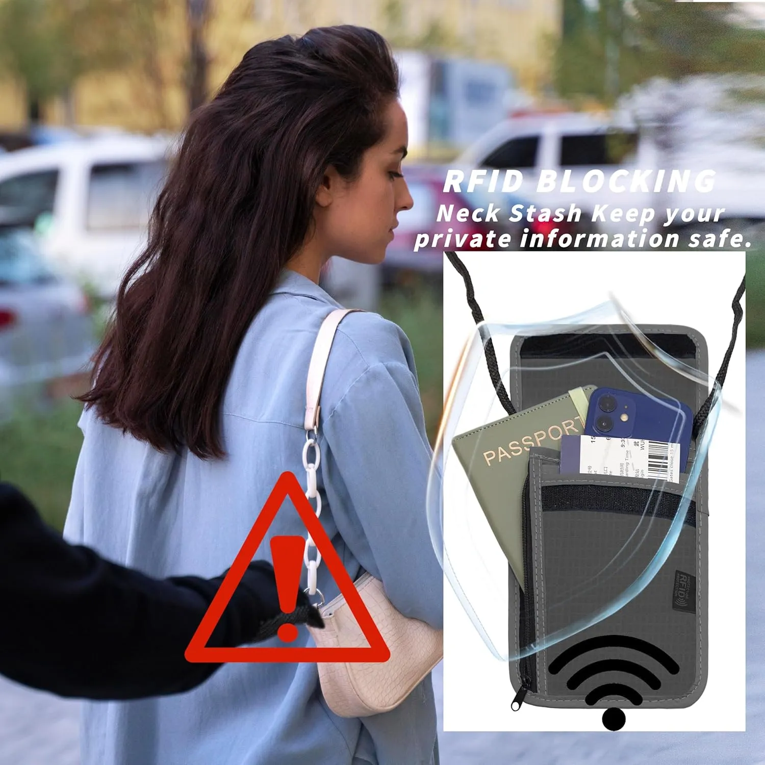 Travel Neck Wallet with RFID Blocking  Passport Holder Organizer Neck Pouch  Portable Easy to Conceal Travel Pouch (Gray)