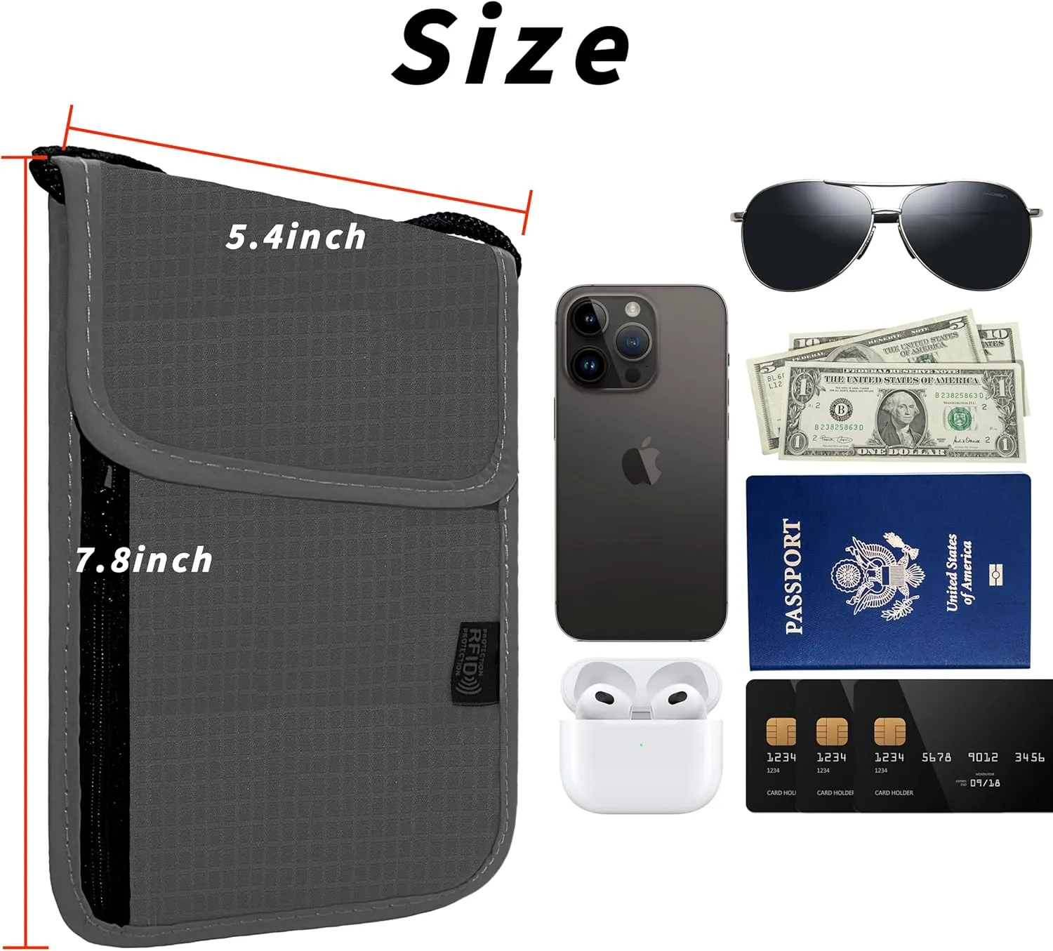 Travel Neck Wallet with RFID Blocking  Passport Holder Organizer Neck Pouch  Portable Easy to Conceal Travel Pouch (Gray)