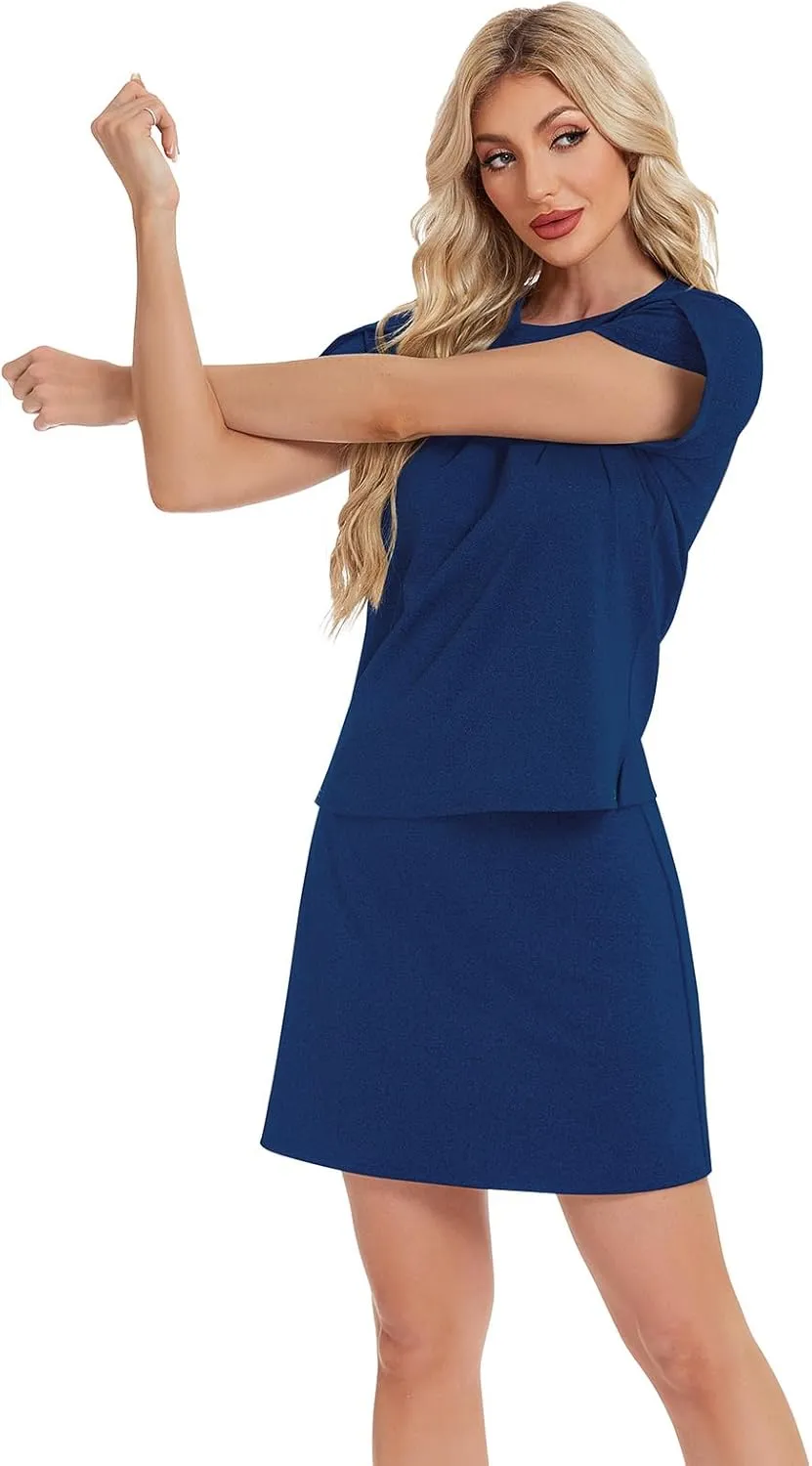 Two Piece Skirt Set for Women Overlap Sleeves Tennis Outfits with Short Skorts Lounge Matching Sweatsuits S-2XL