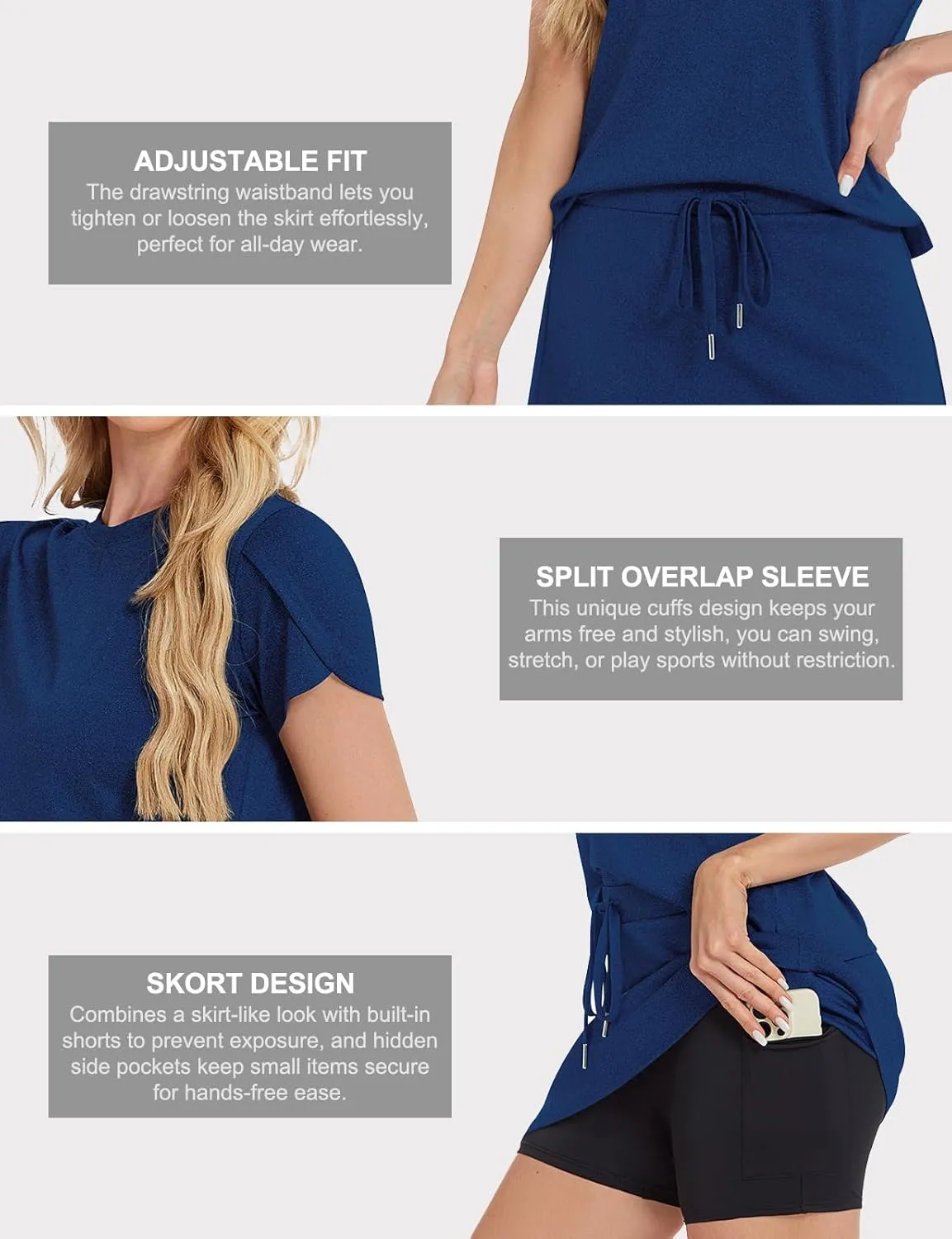Two Piece Skirt Set for Women Overlap Sleeves Tennis Outfits with Short Skorts Lounge Matching Sweatsuits S-2XL