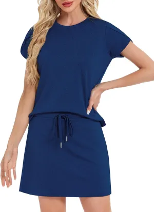 Two Piece Skirt Set for Women Overlap Sleeves Tennis Outfits with Short Skorts Lounge Matching Sweatsuits S-2XL
