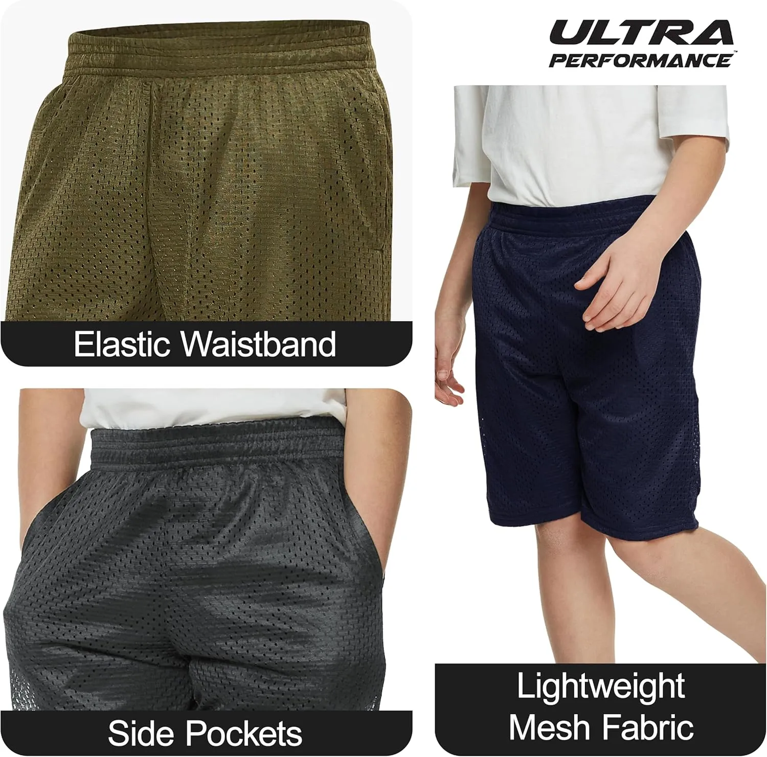 Ultra Performance Boy's Basketball Short's 3 Pack Mesh Athletic Shorts Youth Basketball Soccer & Gym Short for Active Boys