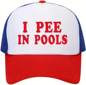 Vintage Retro Style Throwback 80's Novelty Trucker Hat I Pee in Pools Breathable Mesh RED, White & Blue Baseball Cap Adjustable Sun Protection Caps for Outdoor Activities
