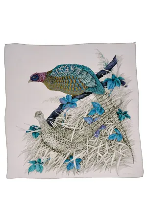 Vintage Salvatore Ferragamo Scarf in Silk Print with Pheasants and Blue Flowers