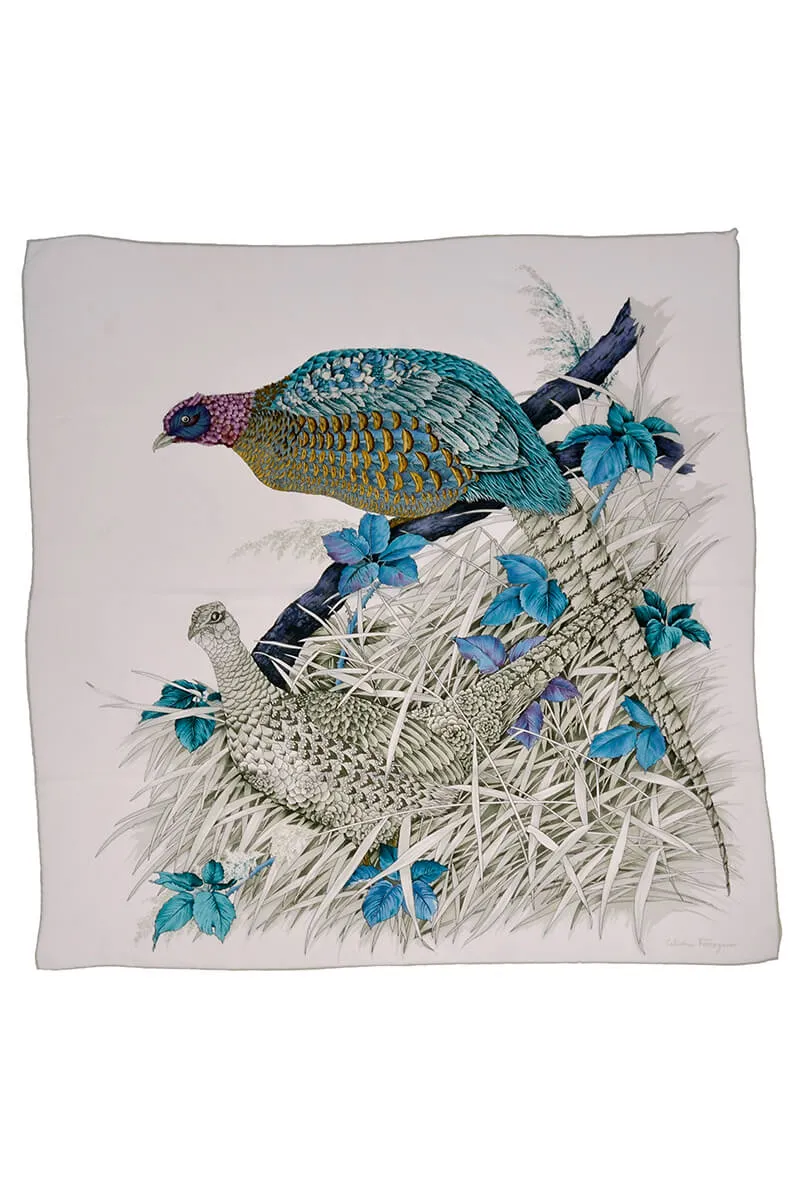Vintage Salvatore Ferragamo Scarf in Silk Print with Pheasants and Blue Flowers