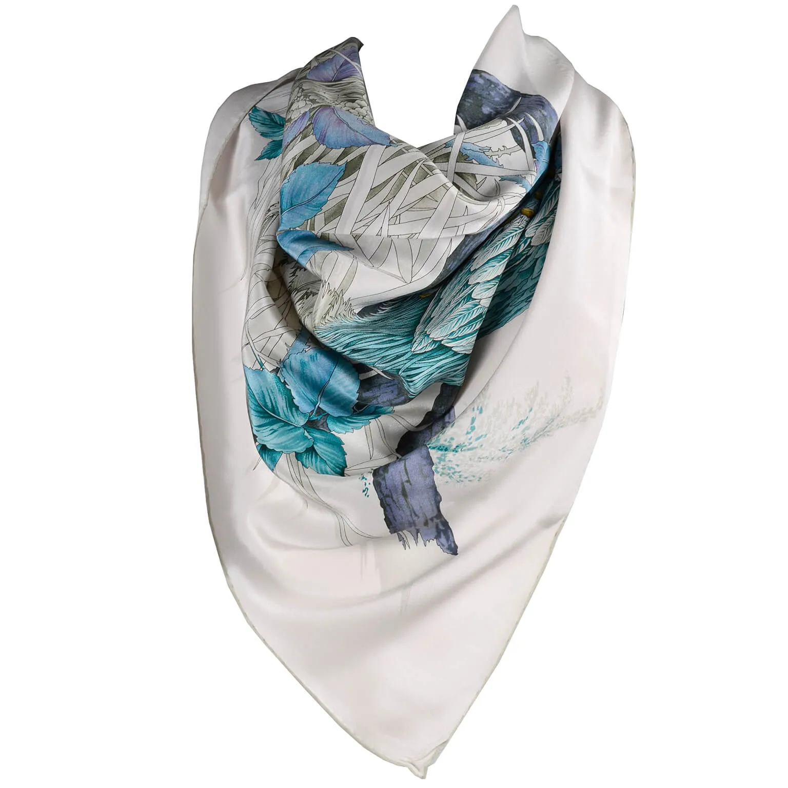 Vintage Salvatore Ferragamo Scarf in Silk Print with Pheasants and Blue Flowers