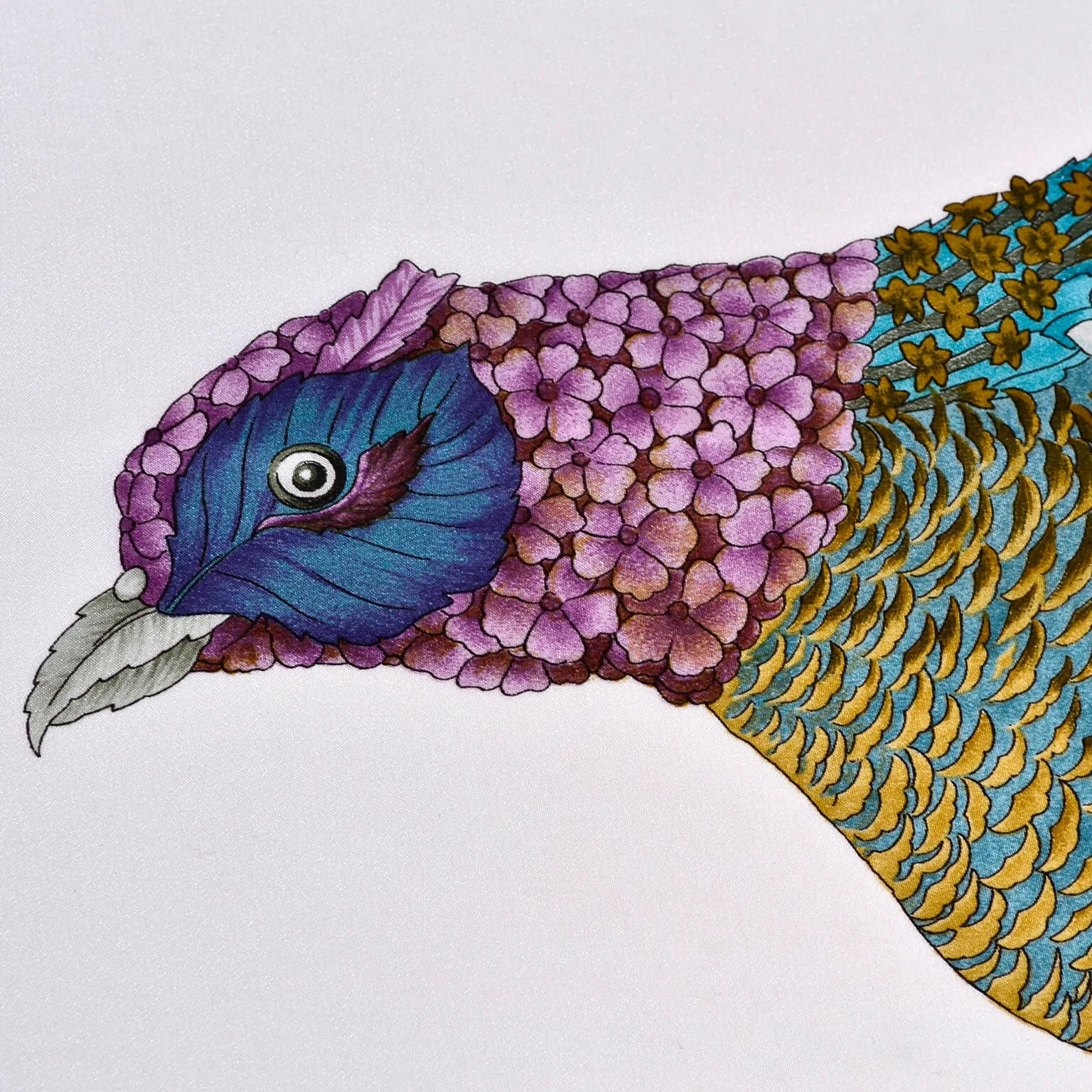 Vintage Salvatore Ferragamo Scarf in Silk Print with Pheasants and Blue Flowers