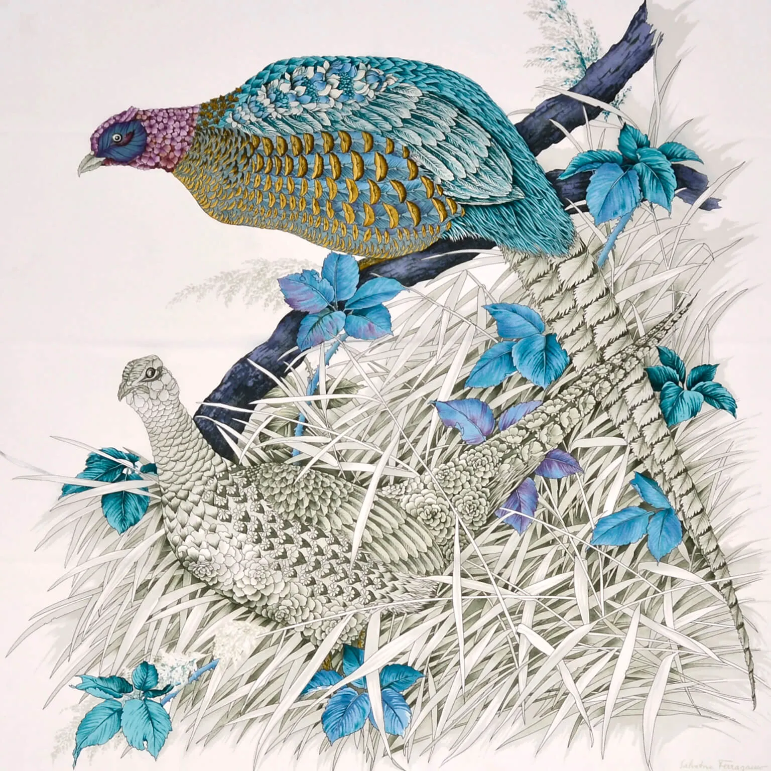 Vintage Salvatore Ferragamo Scarf in Silk Print with Pheasants and Blue Flowers