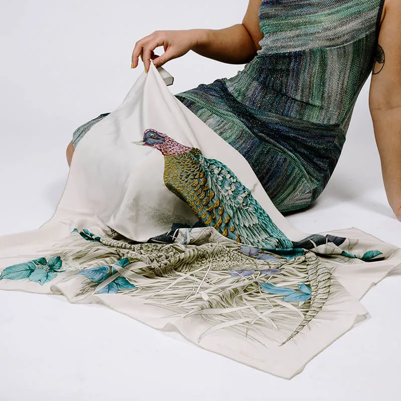 Vintage Salvatore Ferragamo Scarf in Silk Print with Pheasants and Blue Flowers
