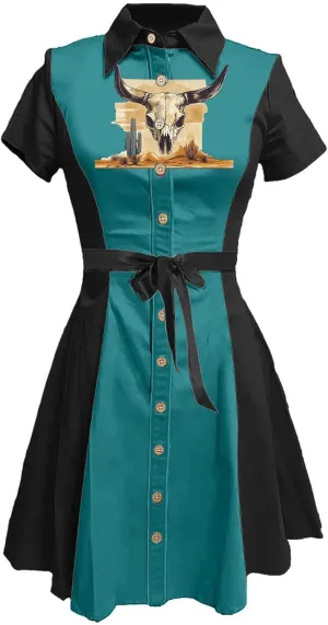 Vintage Western Flower Printed Shirt Dress Women Summer Button Down Casual Retro Style Evening Dresses for Women