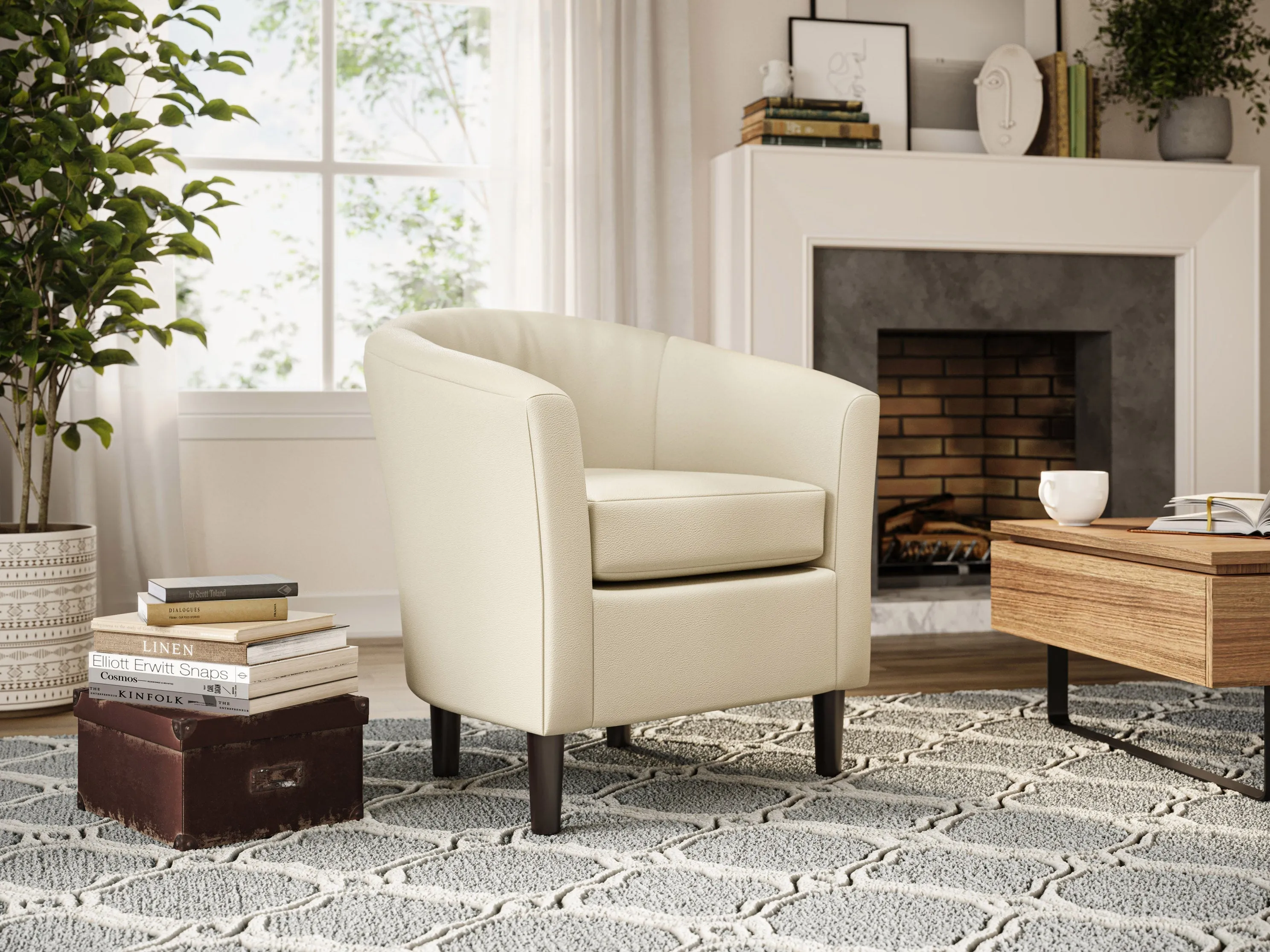 Warm White Vegan Leather Barrel Chair