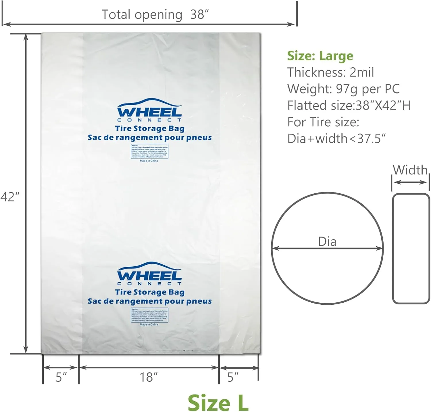 WHEEL CONNECT Tire Storage Bags. Made of Polyethylene LDPE Plastic, Large 38X42H, White, Pack of 4pcs. L.