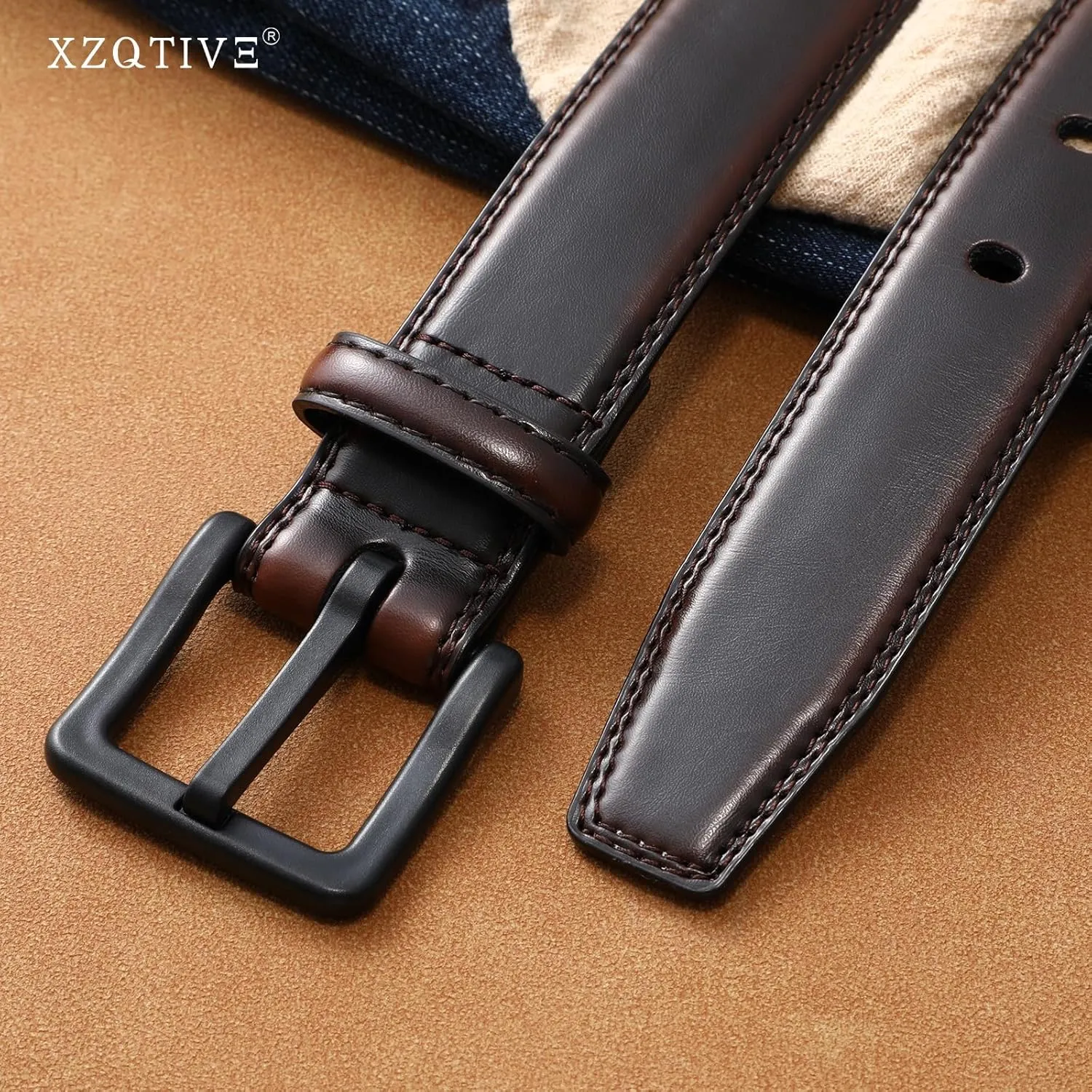 XZQTIVE Mens Metal Free Belt Hypoallergenic Leather Belts For Jeans Dress Nickle Free TSA Belt With Black Buckle