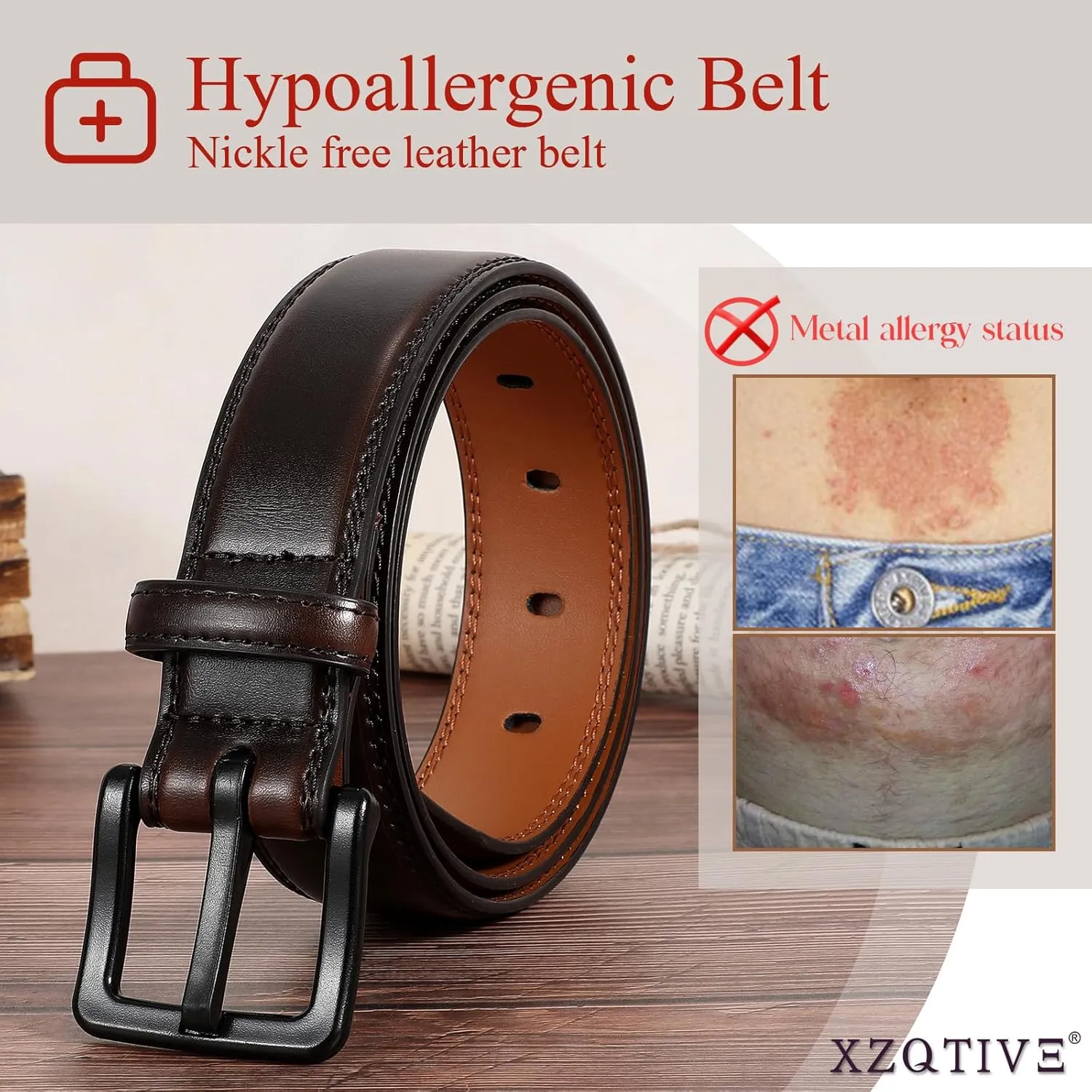 XZQTIVE Mens Metal Free Belt Hypoallergenic Leather Belts For Jeans Dress Nickle Free TSA Belt With Black Buckle