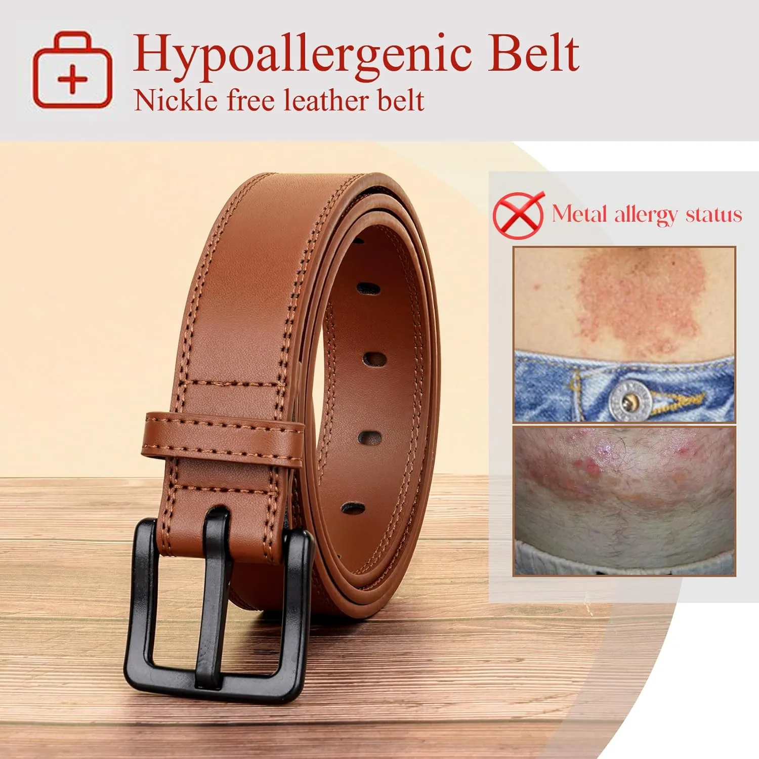 XZQTIVE Mens Metal Free Belt Hypoallergenic Leather Belts For Jeans Dress Nickle Free TSA Belt With Black Buckle
